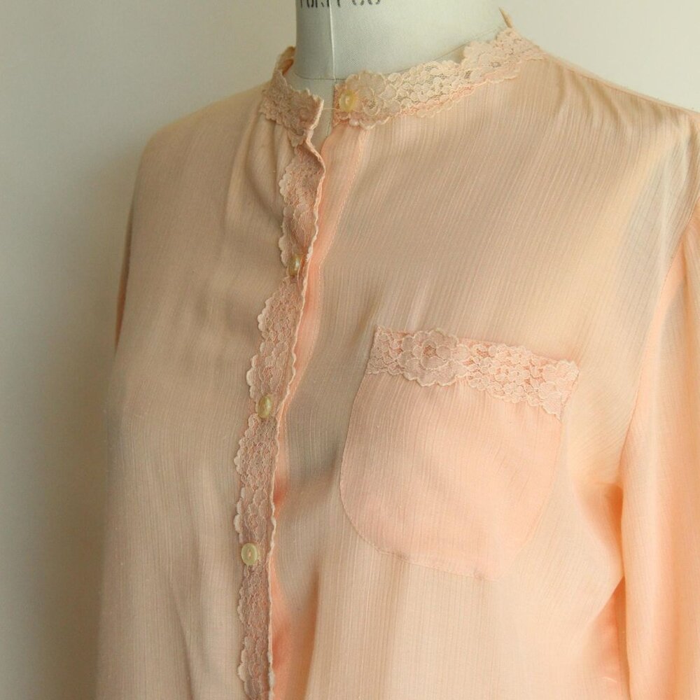 Vintage 1970s 1980s Blouse, Miss Capri Peach Shirt with Lace Trim, Grandma Core - Picture 8 of 10